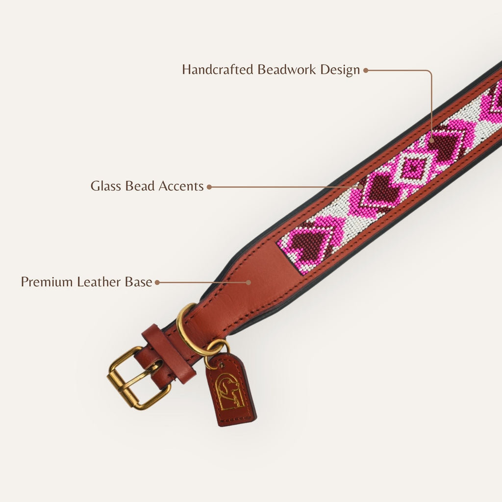 Detailed beadwork design on Amora handmade dog collar