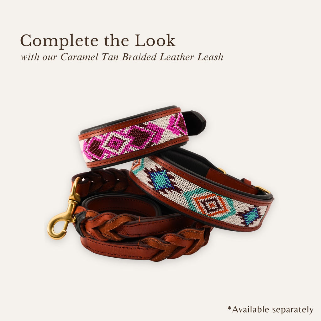 Amora beadwork dog collar showing overall structure and fit