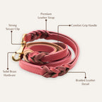 Close-up of braided leather texture on blush pink dog leash