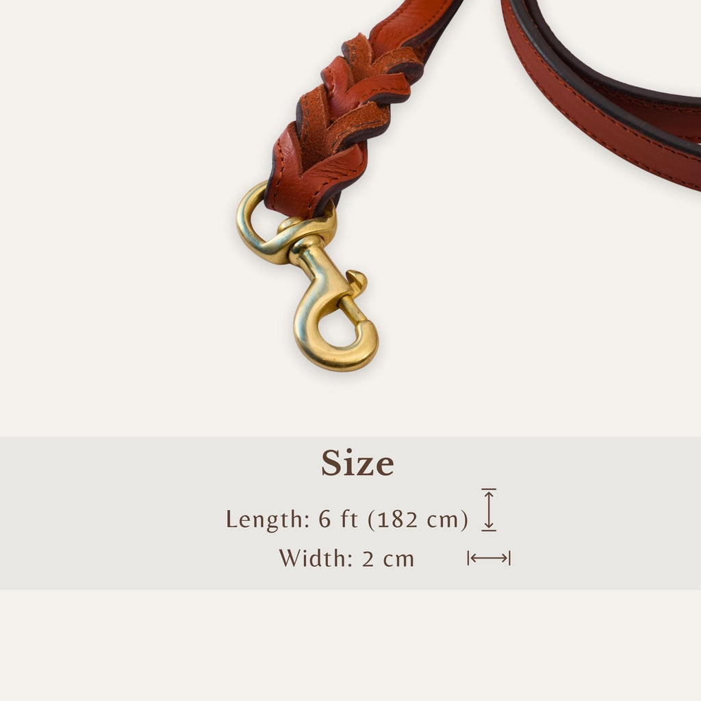 Size chart showing measurements for caramel tan dog leash