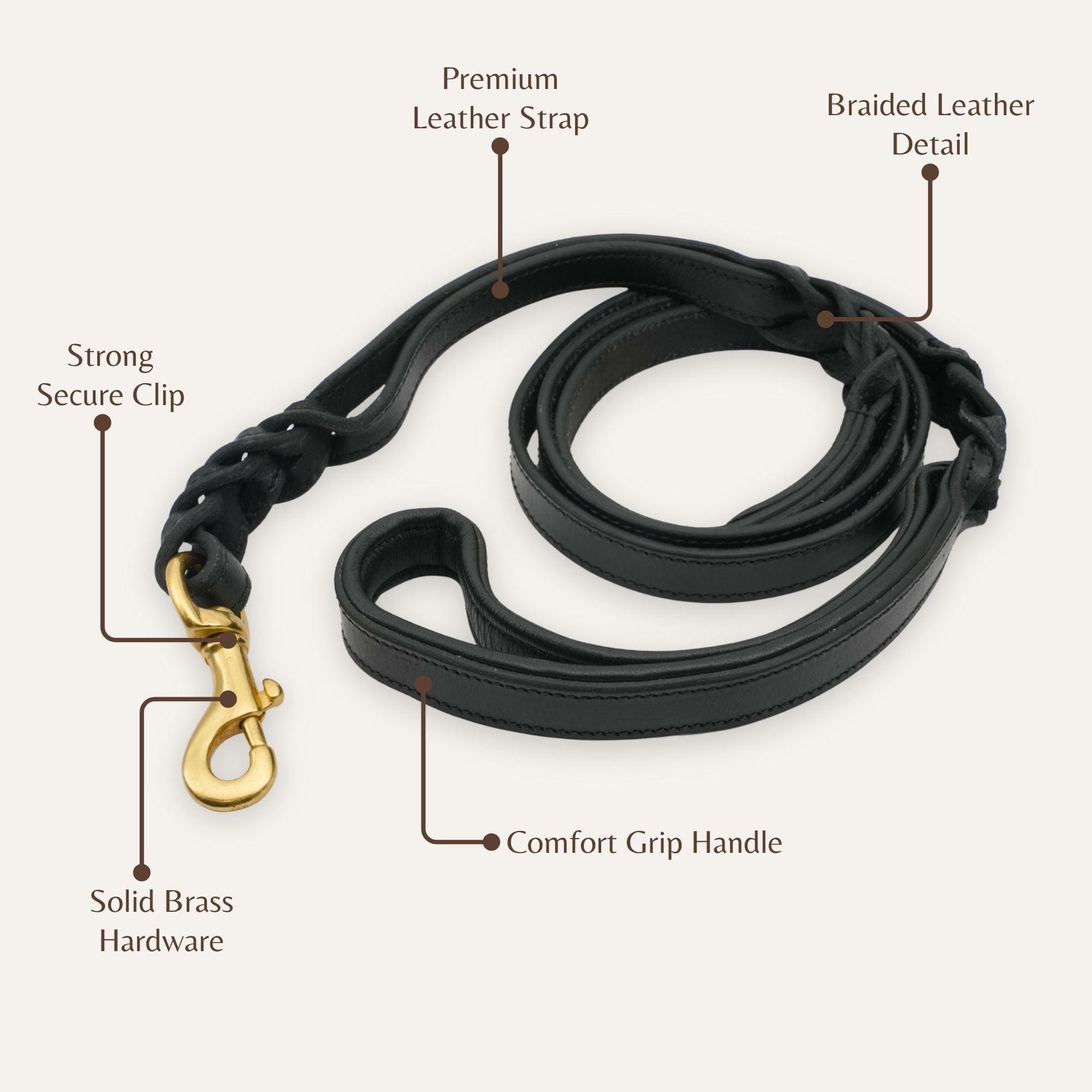 Close-up of braided leather texture on black dog leash