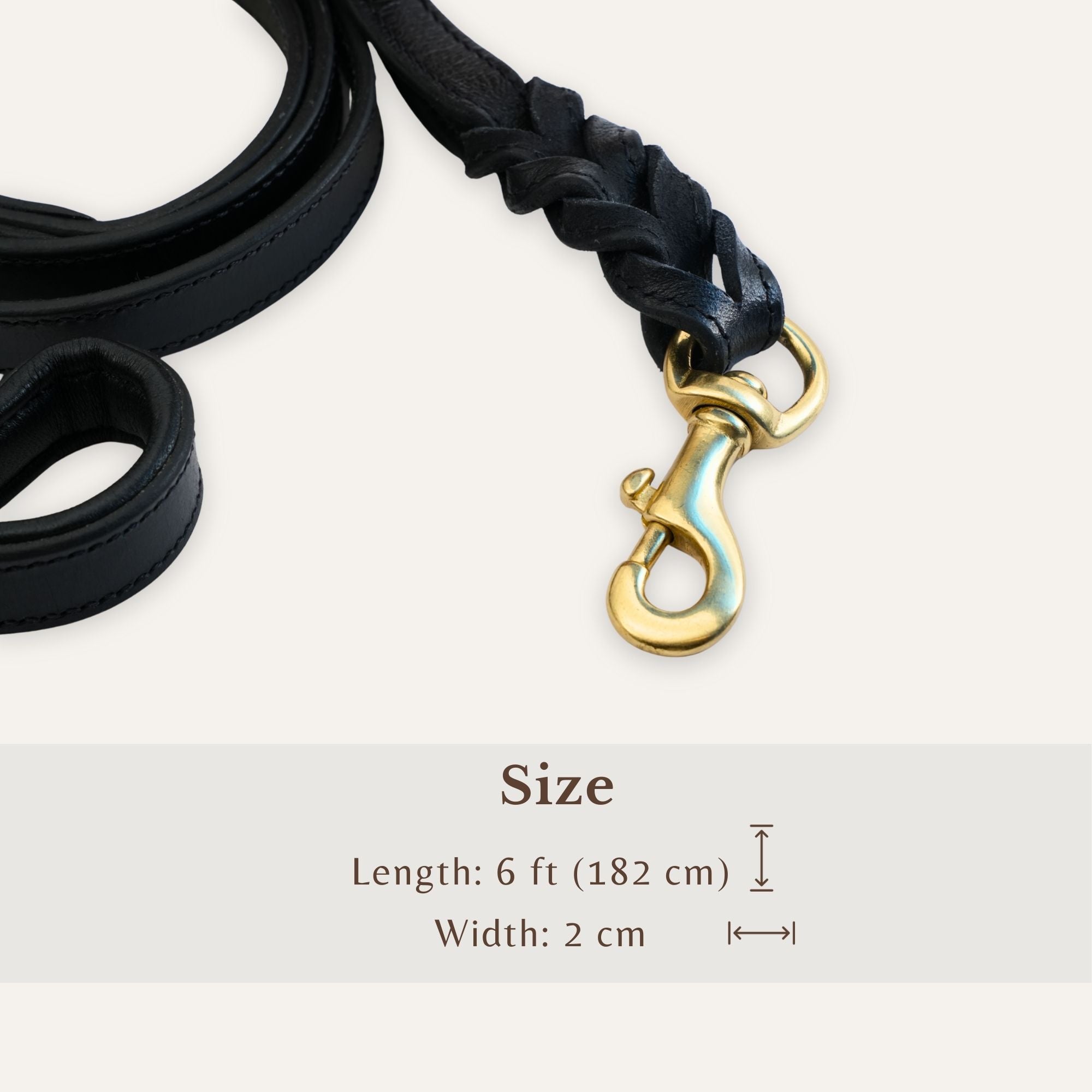 Side view of braided leather dog leash with clasp