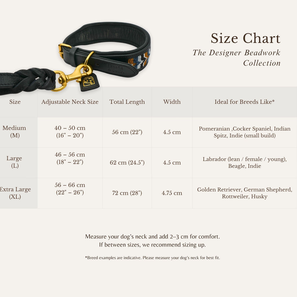 Size chart showing measurements for Dusky Chevron dog collar