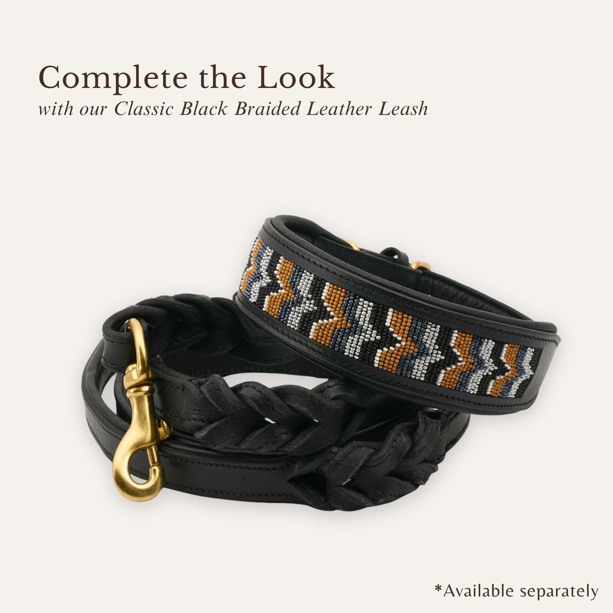 Dusky Chevron dog collar paired with braided leather leash