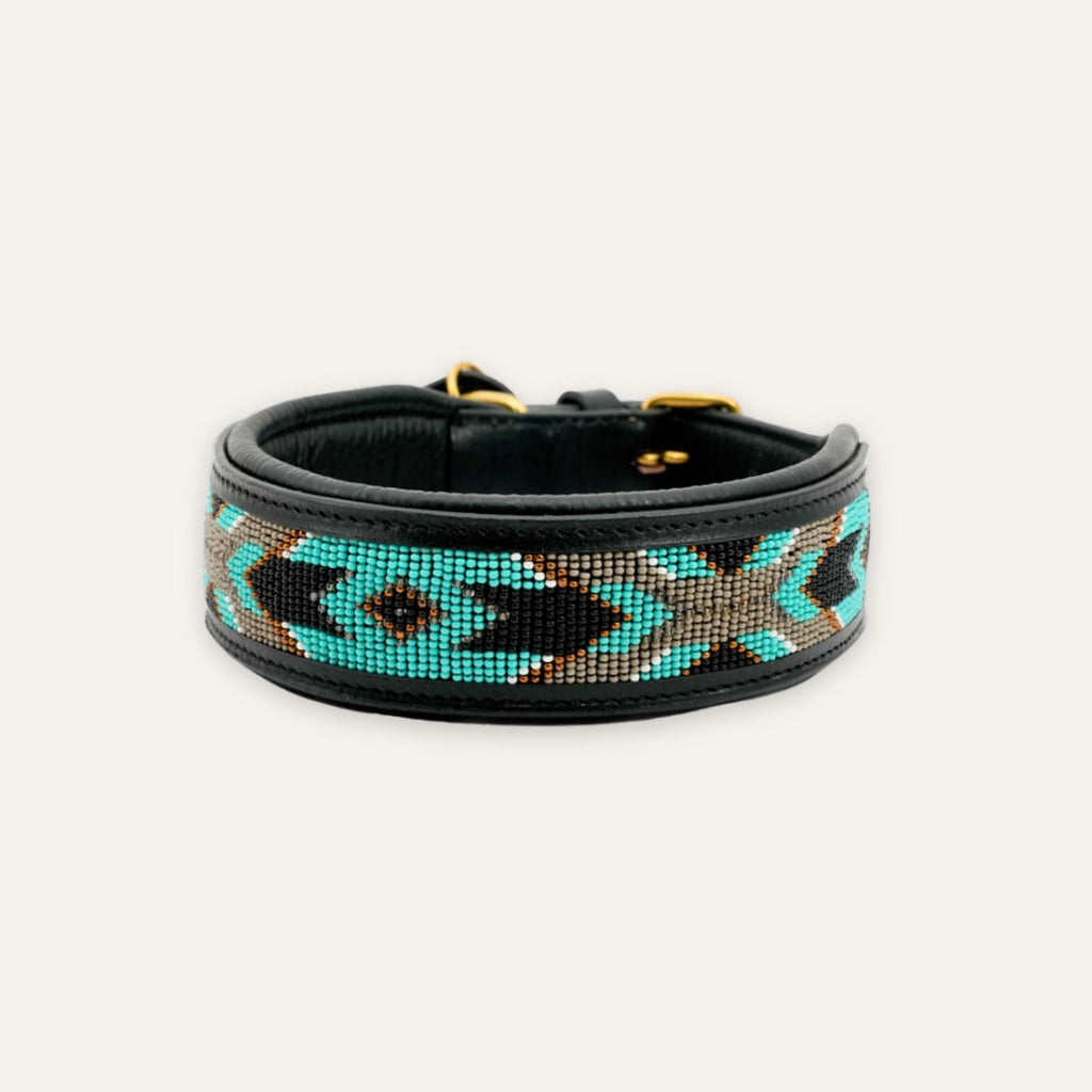 Midnight Turquoise beadwork dog collar with rich blue tones
