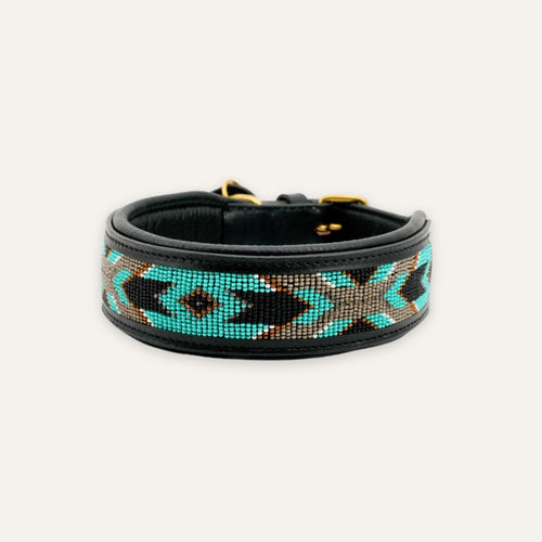 Midnight Turquoise beadwork dog collar with rich blue tones