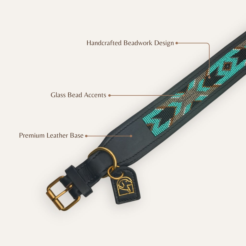 Bead and leather craftsmanship on Midnight Turquoise collar