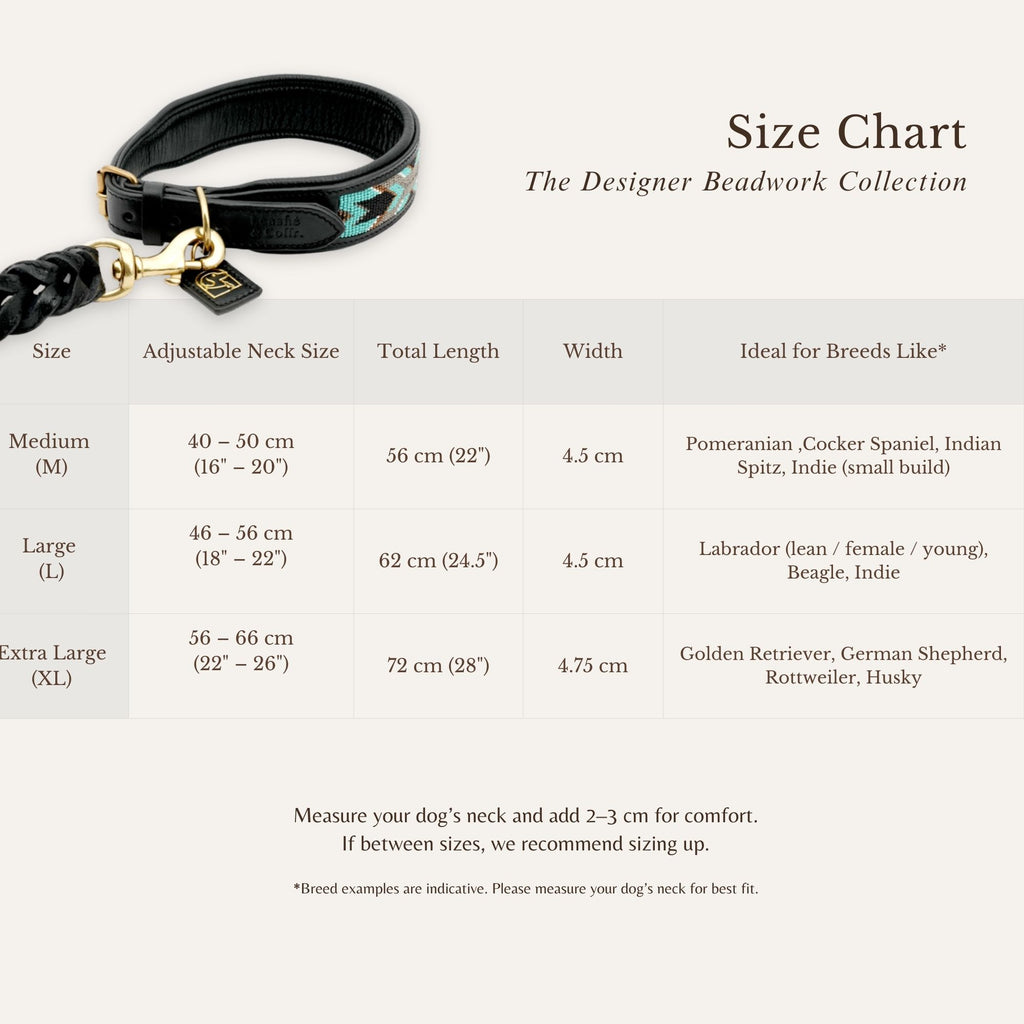 Size chart showing measurements for Midnight Turquoise dog collar