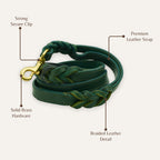 Close-up of braided leather texture on shadow green dog leash