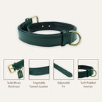 Close-up of leather texture on shadow green dog collar