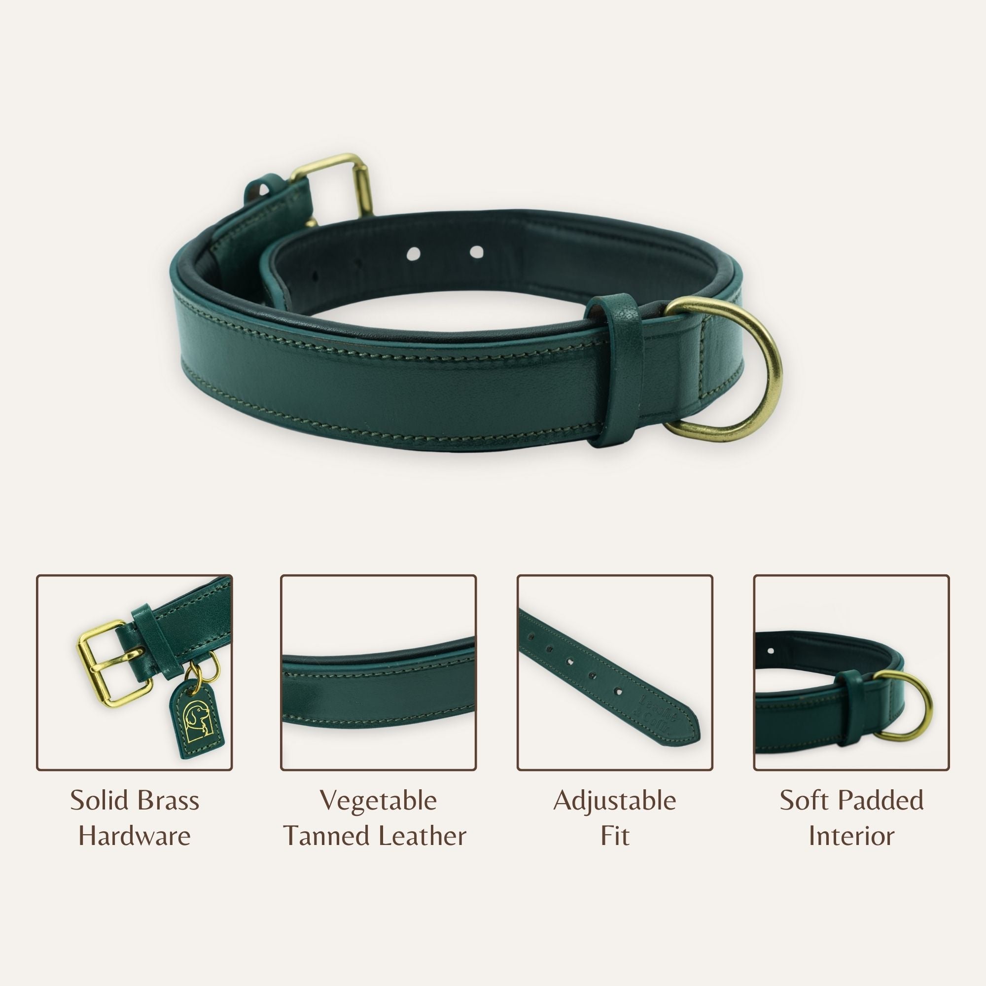 Close-up of leather texture on shadow green dog collar