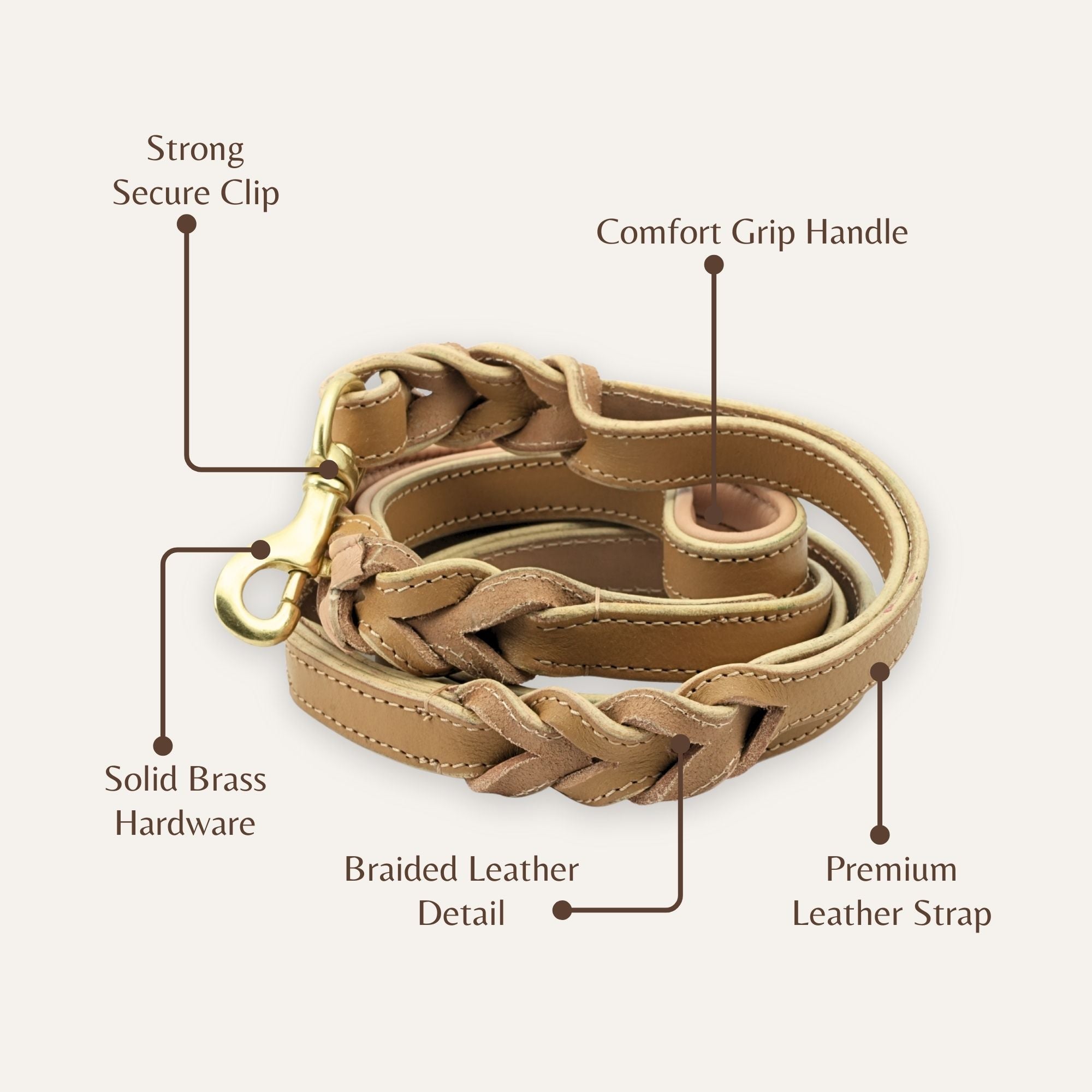 Close-up of braided leather texture on soft beige dog leash