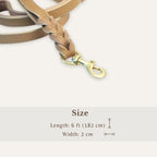 Size chart showing measurements for soft beige dog leash