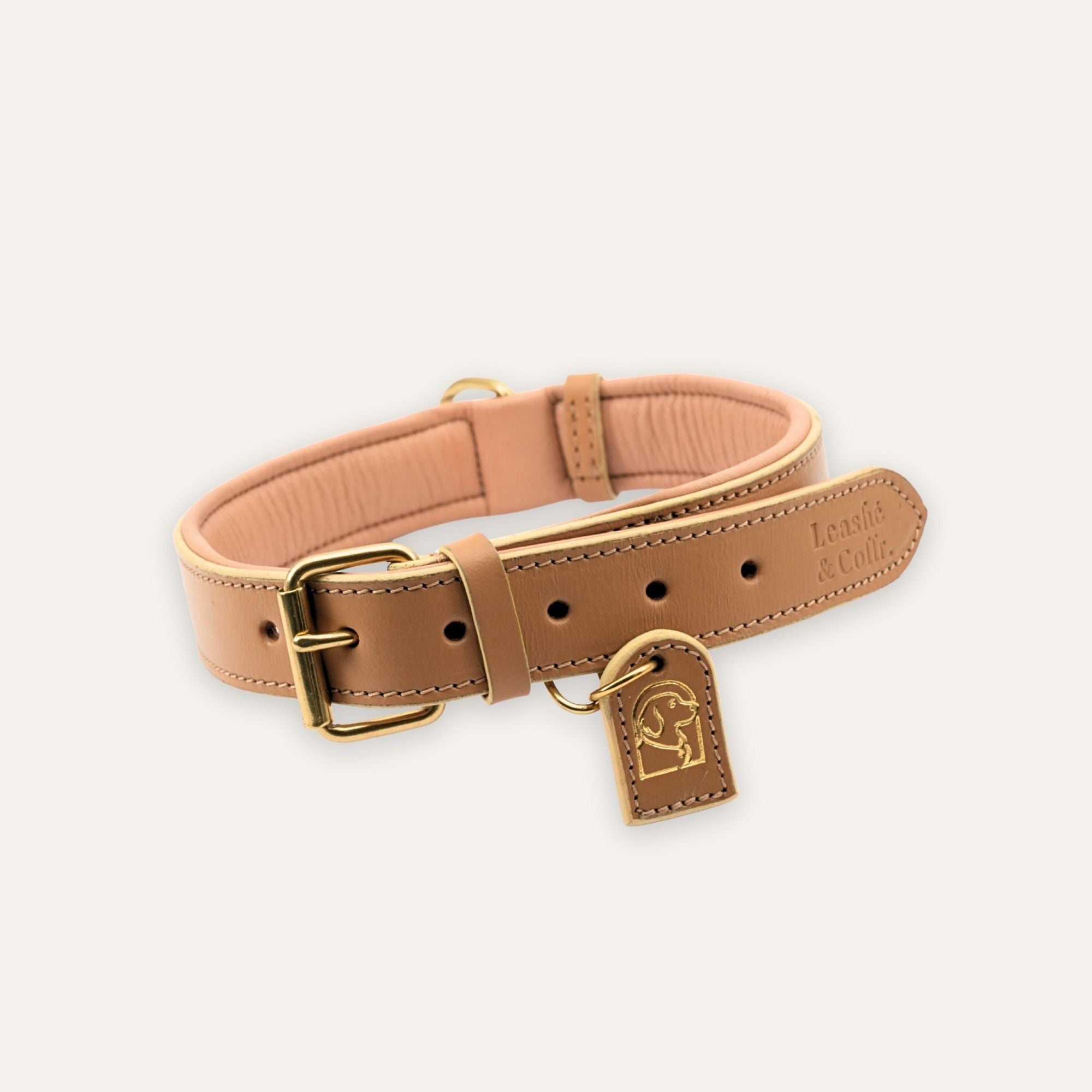 Soft beige leather dog collar with brass buckle