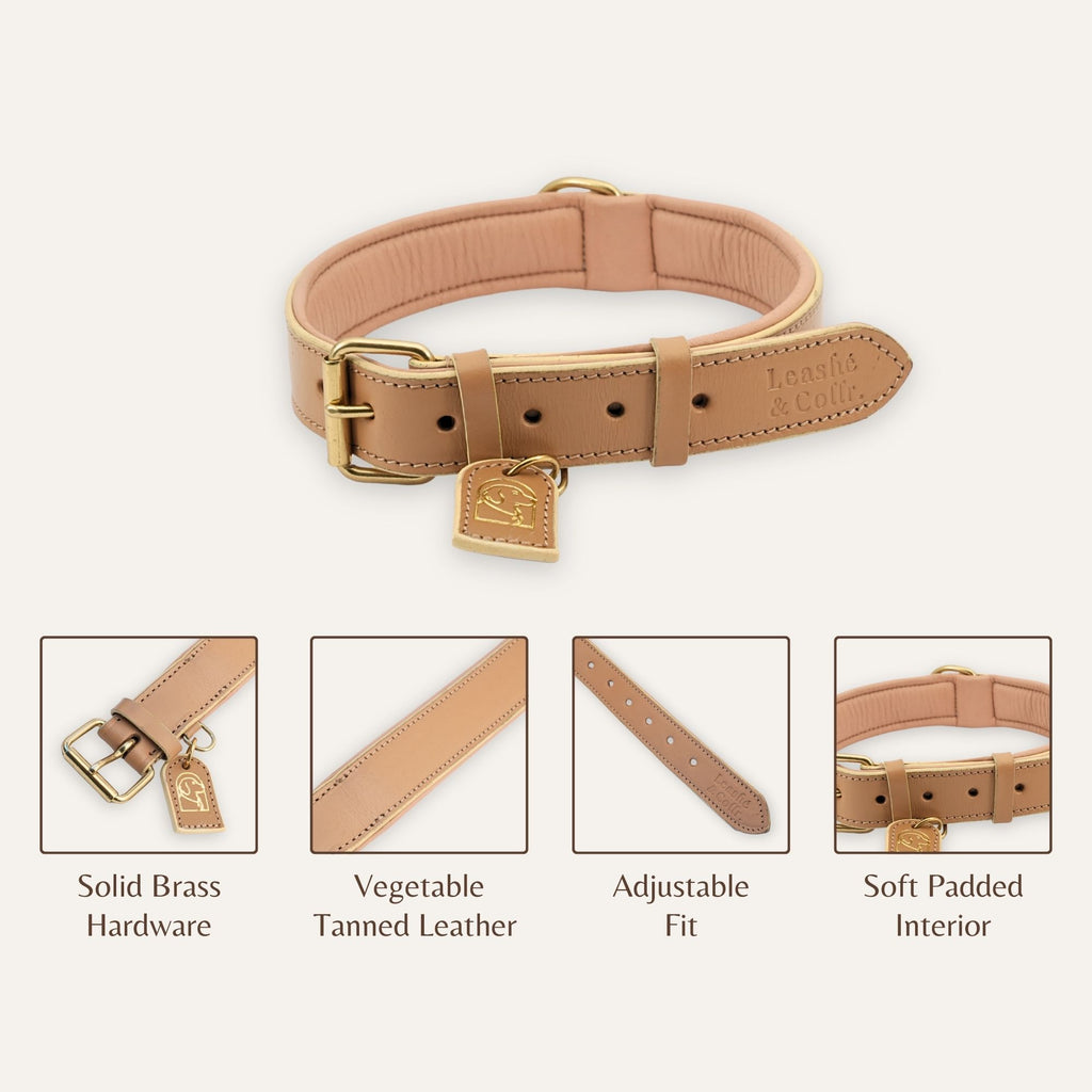Close-up of leather texture on soft beige dog collar