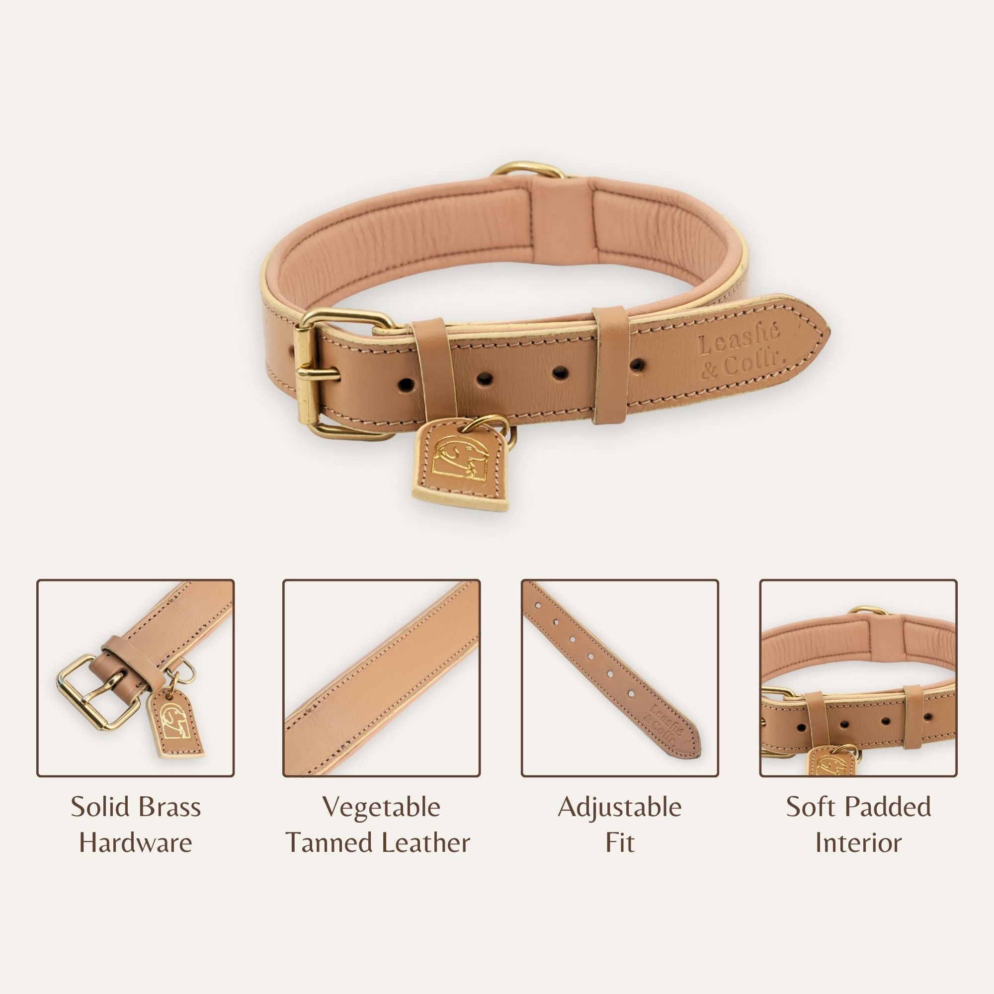 Close-up of leather texture on soft beige dog collar