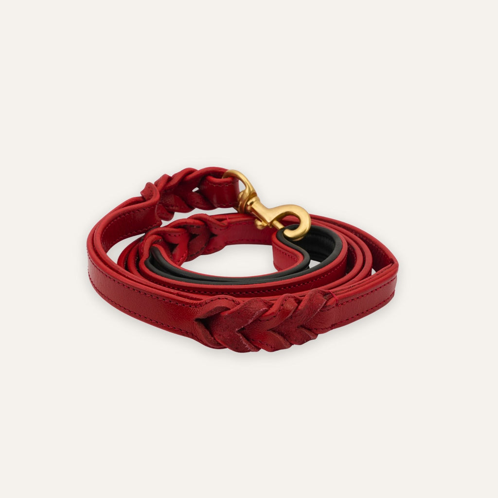True red braided leather dog leash with brass clasp