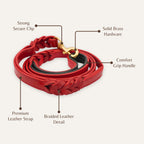 Coiled true red braided leather dog leash