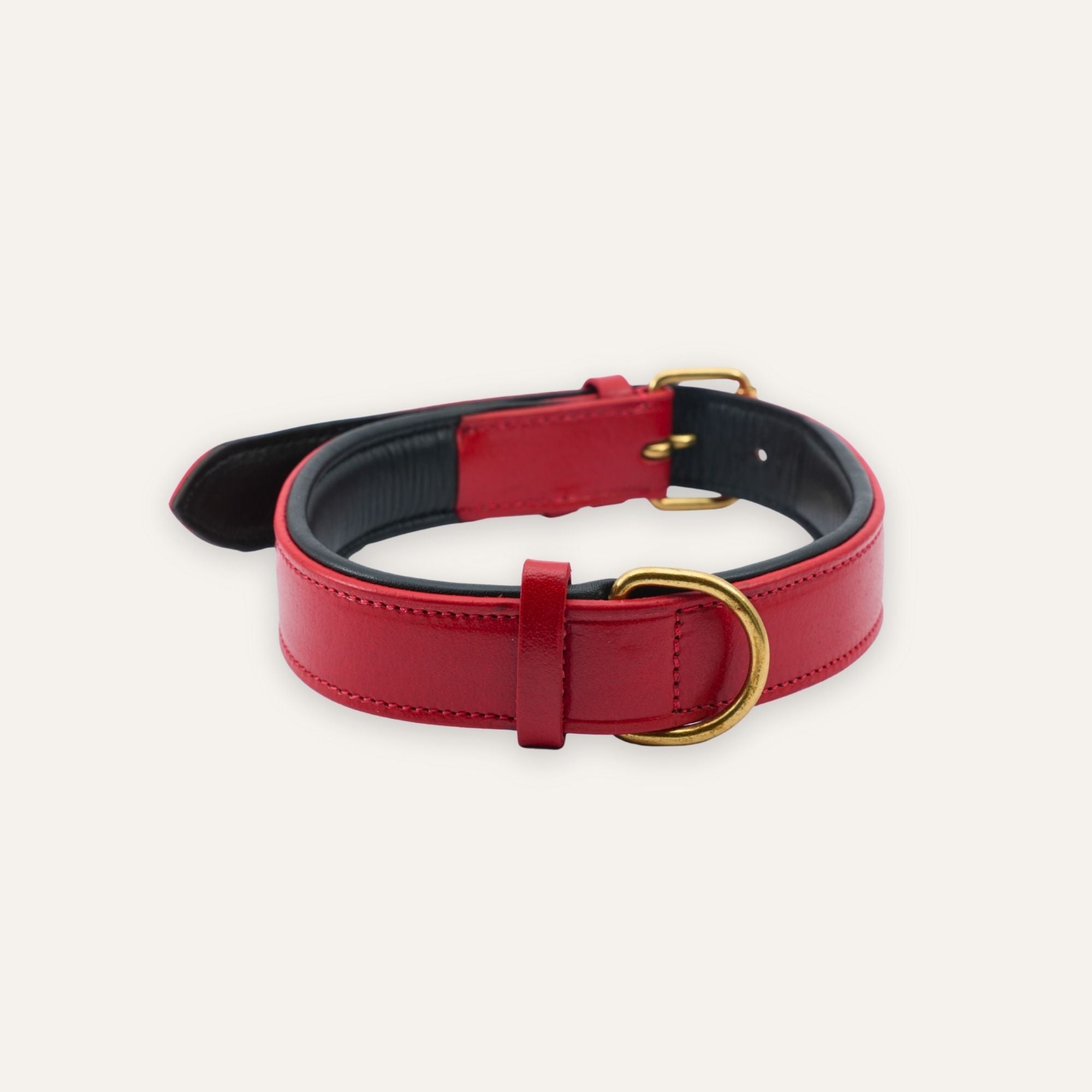 Side view of true red leather dog collar