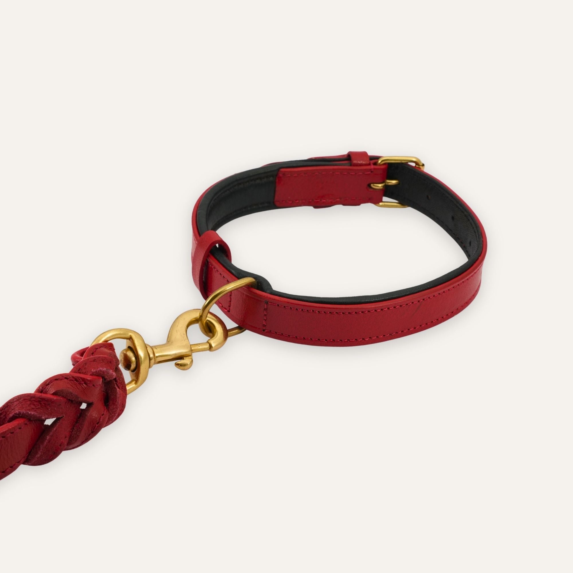 True red leather dog collar styled with matching leash